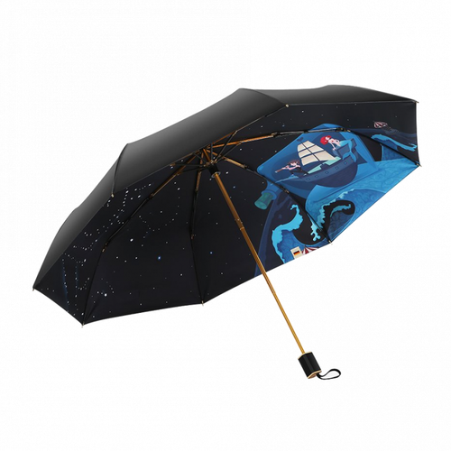 Boy Umbrellas 三折黑膠傘採用高密度防水布，配以強效防UV塗層，帶來無與倫比的防曬及遮光隔熱效果。插畫設計讓你在雨天都能擁有好心情。商品更具多項獨有設計，包含矽膠手柄、流暢開關體驗的專利開關、推拉簡易防夾手的無按鈕設計等，創造與別不同的風格。
